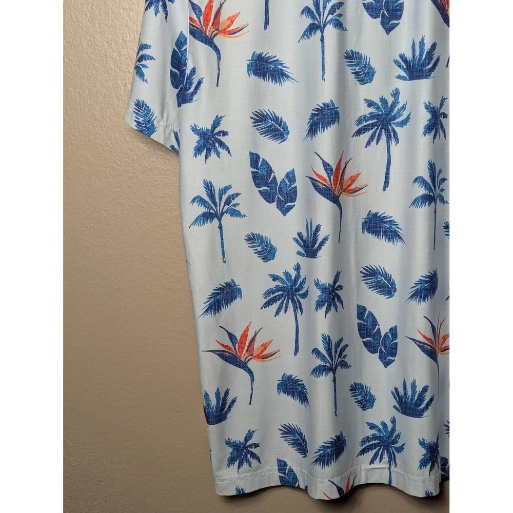 Sunday Crew Polo Shirt Mens XL White Blue Tropical Palm Bird of Paradise UPF 50+